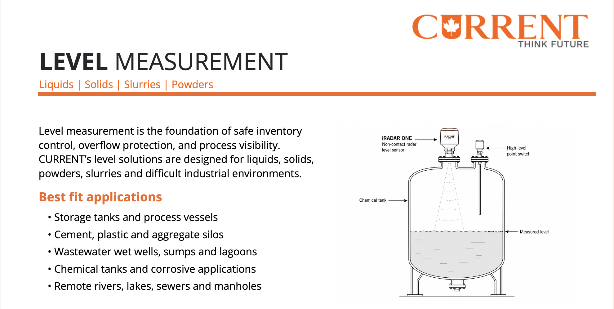 Current Instruments level measurement solutions for liquids, solids, slurries, and powders