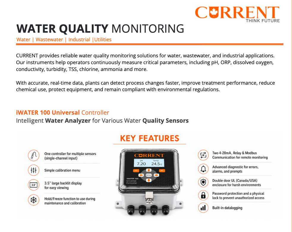 Current Instruments water quality monitoring solutions for water, wastewater, industrial, and utilities applications